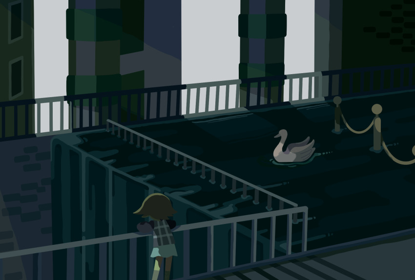 1girl afloat against_railing bird black_sweater blonde_hair brick_wall column facing_away feet_out_of_frame flipped_hair from_behind grey_vest highres kneehighs leaning_forward long_sleeves looking_at_animal pillar plaid_clothes plaid_vest railing sewer short_hair skirt socks solo standing suyazzz_(soyoyon) swan sweater urotsuki vest water waterfall white_skirt wide_shot yume_2kki