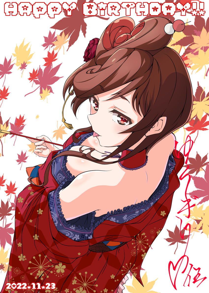 1girl absurdres bare_shoulders breasts brown_hair cleavage dated hair_ornament haro_(muraragi-add9) highres holding holding_smoking_pipe japanese_clothes kimono leaf maple_leaf red_eyes red_kimono smoking_pipe solo tongue tongue_out yuugiri_(zombie_land_saga) zombie_land_saga