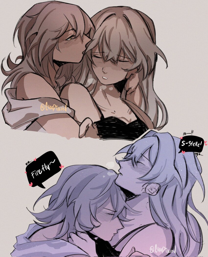 blush bra chardtalon cuddling firefly_(honkai:_star_rail) gay grey_hair hair_between_eyes heart highres honkai:_star_rail honkai_(series) loose_clothes moaning shirt speech_bubble stelle_(honkai:_star_rail) trailblazer_(honkai:_star_rail) twitter_username underwear white_shirt yuri