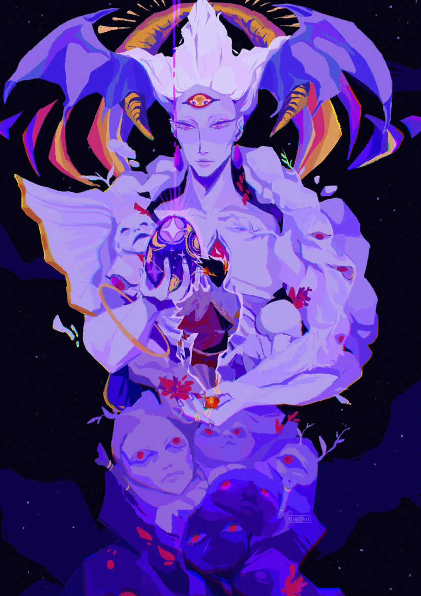 1boy 1other animal_skull animal_skull_ornament arm_up black_hair black_shorts chaos_(hades) cloud colored_skin commentary cosmic_entity egg english_commentary extra_eyes extra_faces gem hades_(series) hades_1 hand_up head_wings highres holding laurel_crown looking_at_object open_mouth person_on_hand purple_eyes purple_skin red_eyes red_gemstone red_robe robe shorts size_difference sky spearmintaii spiked_hair star_(sky) star_(symbol) third_eye twitter_username white_hair wings zagreus_(hades)