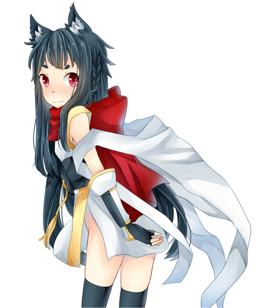 1girl alternate_color animal_ears black_hair black_thighhighs blush cat_ears cat_girl closed_mouth commentary_request cowboy_shot dress highres long_hair looking_at_viewer meiko_(nattu303) ninja ninja_(ragnarok_online) no_panties ragnarok_online red_eyes red_scarf scarf short_dress simple_background sleeveless sleeveless_dress smile solo thick_eyebrows thighhighs v-shaped_eyebrows vambraces very_long_hair white_background white_dress