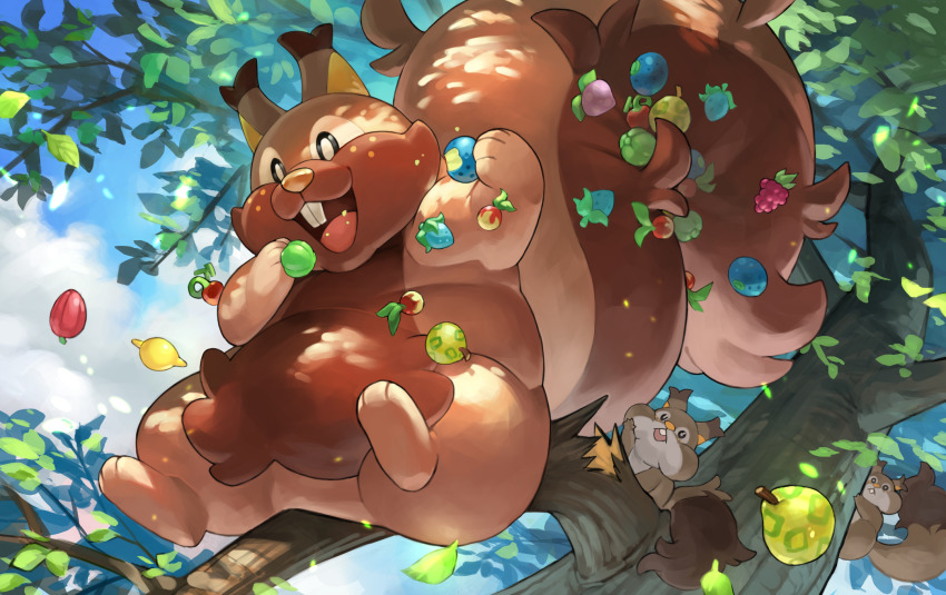 aspear_berry berry_(pokemon) cheri_berry cloud commentary_request day eating evolutionary_line fangs from_below gen_8_pokemon greedent highres holding lum_berry nintendo no_humans open_mouth outdoors pokemon pokemon_(creature) rawst_berry razz_berry skwovet sky smile tapioka_chaso tongue tree