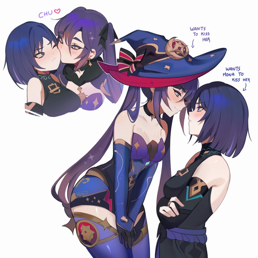 2girls absurdres armor black_choker black_ribbon blue_hair blush breasts choker closed_mouth couple crossed_arms earrings elbow_gloves english_text genderswap genderswap_(mtf) genshin_impact gloves hair_between_eyes hair_ribbon hat height_difference highres japanese_armor jewelry kiss kissing_cheek kote kurokote leotard long_hair medium_breasts memeh mona_(genshin_impact) multicolored_hair multiple_girls neck necklace one_eye_closed purple_hair ribbon scaramouche_(genshin_impact) simple_background single_earring strapless strapless_leotard thighhighs twintails wanderer_(genshin_impact) white_background witch_hat yuri