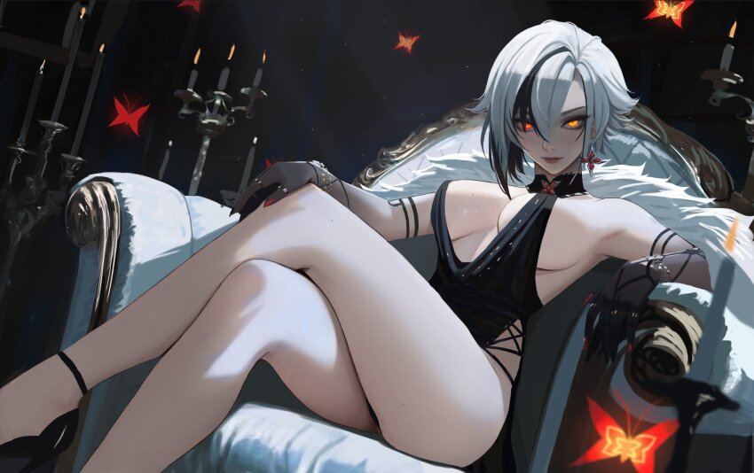 1girl alternate_costume arlecchino_(genshin_impact) armpits bare_shoulders black_dress black_hair breasts bug candle candlestand cleavage commentary cross cross_earrings crossed_legs dress earrings english_commentary genshin_impact glowing glowing_eyes high_heels highres insect jewelry large_breasts moth multicolored_hair neo_(neorarty3) red_eyes short_hair sideburns solo symbol-shaped_pupils two-tone_hair white_hair x-shaped_pupils
