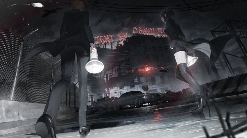 1boy 1girl bird black_coat black_footwear black_hair black_suit black_thighhighs blonde_hair boots building car character_request cloud cloudy_sky coat copyright_request crow dress dress_shoes fence formal_clothes high_heel_boots high_heels highres holding holding_megaphone lamppost medium_hair megaphone motor_vehicle neon_lights power_lines puddle road_sign rubble short_hair sign sky suit thighhighs tmt traffic_light walking