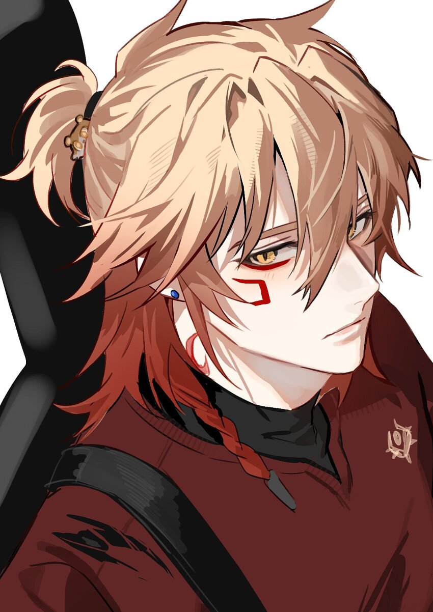 1boy black_undershirt blonde_hair braid commentary facial_tattoo gradient_hair guitar_case hair_between_eyes highres honkai:_star_rail honkai_(series) instrument_case jujeop looking_at_viewer male_focus medium_hair multicolored_hair mydei_(honkai:_star_rail) ponytail red_hair red_shirt red_tattoo shirt side_braid simple_background solo symbol-only_commentary tattoo white_background yellow_eyes