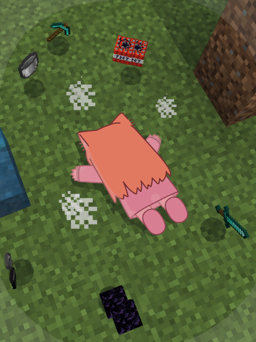 1girl absurdres animal_ears block_(minecraft) blue_archive cat_ears cat_girl chibi chibi_only death dress explosive game_screenshot_background grass hands_up highres horuhara long_hair long_sleeves lying mari_(blue_archive) minecraft minecraft_pickaxe minecraft_sword on_stomach orange_hair pickaxe pink_dress pink_shoes screenshot_background shoes solo sword tnt tnt_block_(minecraft) weapon