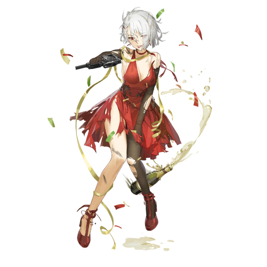 1girl aiming aiming_at_viewer black_gloves black_pantyhose breasts champagne_bottle choker cleavage clenched_teeth confetti cork_popping dress elbow_gloves eyebrow_piercing eyes_visible_through_hair finger_on_trigger full_body girls&#039;_frontline gloves gun hair_over_one_eye highres holding holding_gun holding_weapon looking_at_viewer medium_breasts multicolored_hair official_alternate_costume official_art pantyhose piercing red_choker red_dress red_eyes red_hair red_lips red_shoes ribbon shoes short_hair side_slit simple_background single_bare_leg single_leg_pantyhose sleeveless sleeveless_dress solo spill sr-2_(foam_terminator)_(girls&#039;_frontline) sr-2_(girls&#039;_frontline) sr-2_veresk standing strap_break streaked_hair teeth third-party_source torn_clothes torn_dress torn_pantyhose transparent_background v-shaped_eyebrows weapon wet wet_clothes white_hair yannn yellow_ribbon