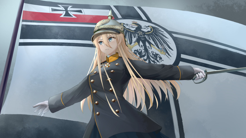 1girl alternate_costume azur_lane bismarck_(azur_lane) black_jacket blonde_hair blue_eyes buttons combat_helmet cosplay double-breasted flag from_below gloves hair_between_eyes helmet highres holding holding_sword holding_weapon imperial_german_flag imperial_war_flag jacket long_hair long_hair_between_eyes long_sleeves military_uniform name_connection otto_von_bismarck otto_von_bismarck_(cosplay) pickelhaube sword weapon white_gloves yinwhi