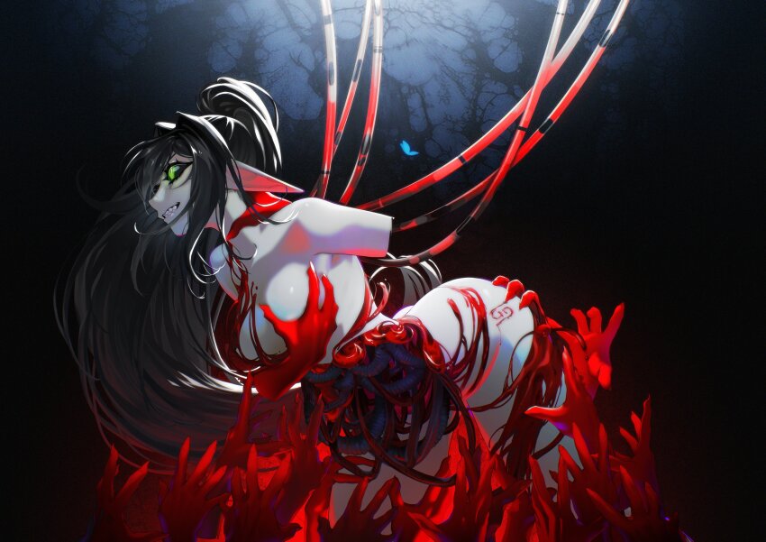 1girl absurdres black_hair black_sclera clenched_teeth colored_sclera disembodied_hand euntae gamer_supps grabbing_another&#039;s_ass grabbing_another&#039;s_breast groping hand_on_another&#039;s_neck highres indie_virtual_youtuber intestines layna_lazar long_hair pale_skin pointy_ears ponytail solo teeth very_long_ears virtual_youtuber