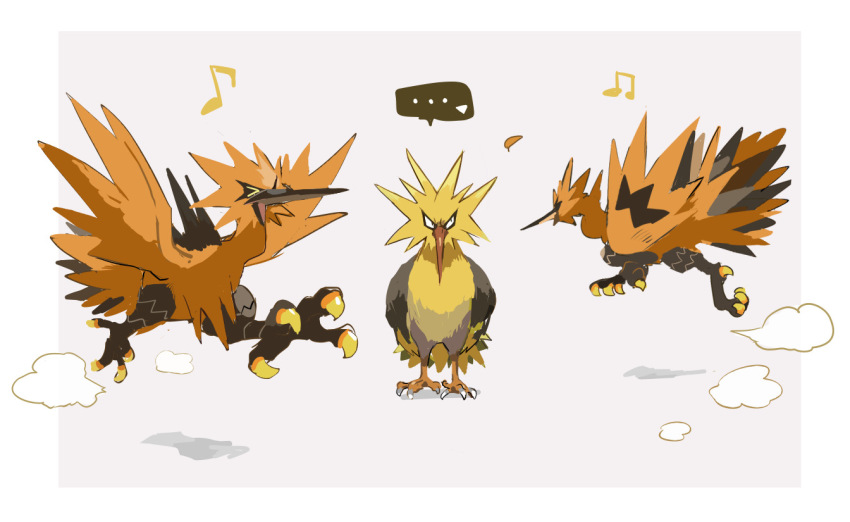 &gt;_&lt; ... :o abstract_background animal_focus bird border claws closed_mouth commentary_request dust_cloud feathers foreshortening from_behind from_side galarian_form galarian_zapdos gen_1_pokemon gen_8_pokemon grey_background inset_border legendary_pokemon musical_note nintendo no_humans open_mouth orange_feathers outside_border pokemon pokemon_(creature) running slit_pupils speech_bubble spoken_ellipsis spread_wings square straight-on white_background white_border ytot_335 zapdos