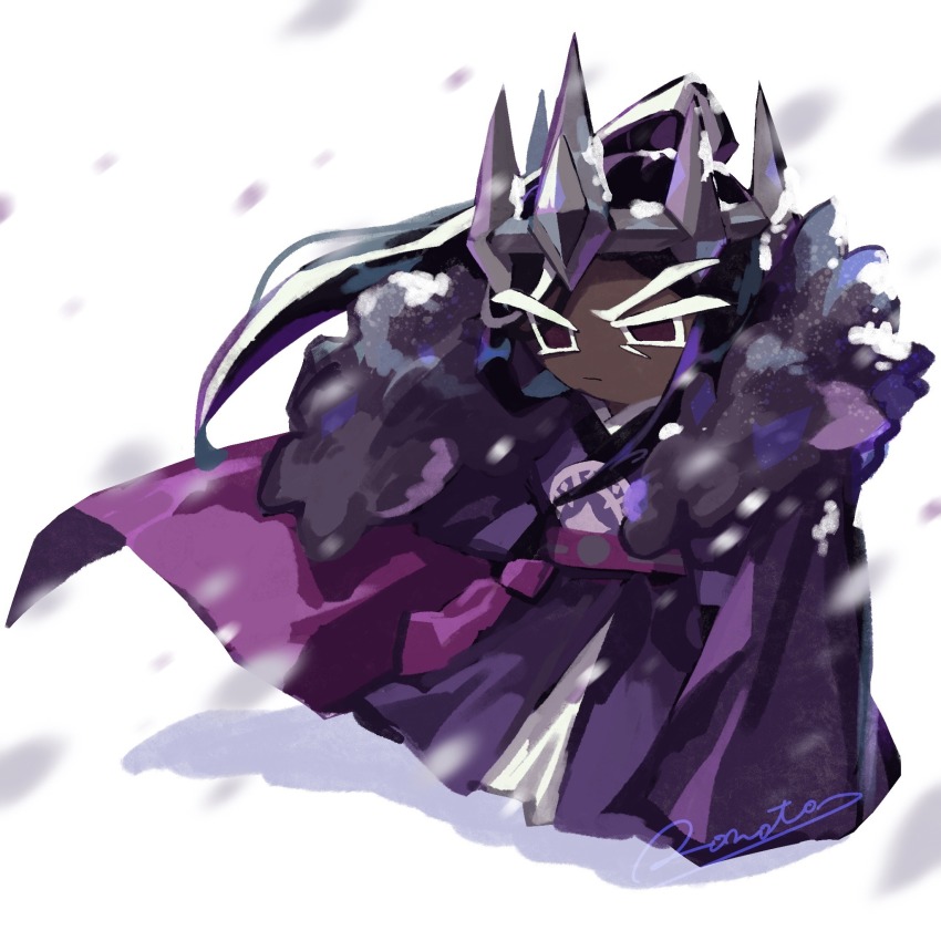 1boy artist_name black_hair cape closed_mouth cookie_run cookie_run:_kingdom crown dark-skinned_male dark_cacao_cookie dark_skin full_body fur-trimmed_cape fur_trim grey_hat hand_on_own_hip hat highres japanese_clothes kimono long_hair long_sleeves male_focus multicolored_hair official_alternate_costume official_alternate_hairstyle ponytail purple_cape purple_eyes purple_kimono rn9j shadow simple_background solo two-tone_hair uneven_eyes white_background white_hair