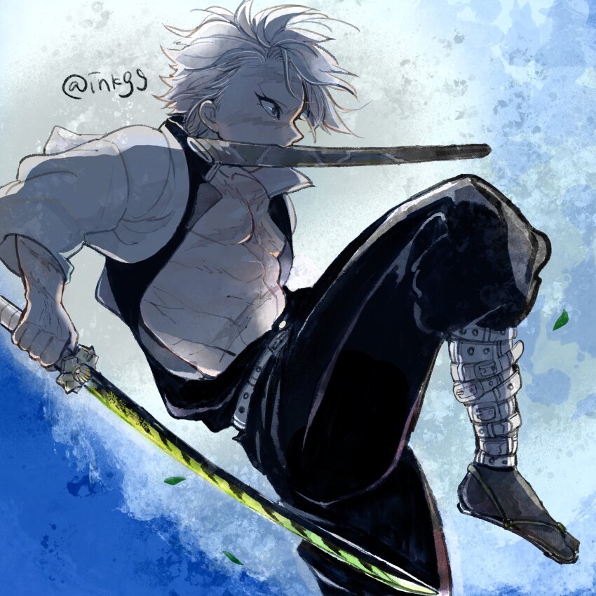 1boy abs belt black_pants blue_background demon_slayer_uniform floating_hair from_side grey_hair grey_socks highres holding holding_sword holding_weapon inkgg jacket jumping katana kimetsu_no_yaiba knee_up long_sleeves looking_ahead male_focus mouth_hold multiple_belts night night_sky open_clothes open_jacket pants pants_tucked_in profile scabbard scar scar_on_arm scar_on_chest scar_on_face scar_on_forehead scar_on_nose sheath shinazugawa_sanemi short_hair sky socks solo sword sword_writing tabi twitter_username unsheathed waraji weapon white_background white_jacket