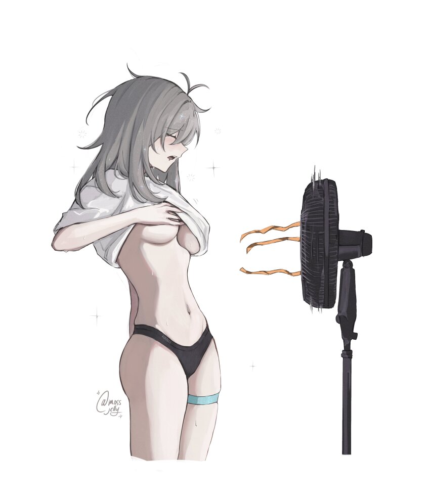 1girl absurdres artist_name breasts clothes_lift cropped_legs electric_fan grey_hair highres honkai:_star_rail honkai_(series) medium_breasts medium_hair mossjelly navel no_bra shirt shirt_lift simple_background solo stelle_(honkai:_star_rail) stomach sweat thigh_strap trailblazer_(honkai:_star_rail) underboob white_background white_shirt