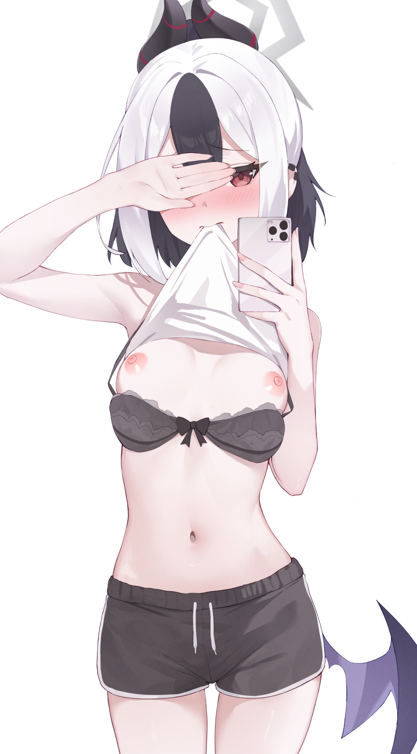 1girl bitseon black_bra black_hair blue_archive bow bow_bra bra bra_pull breasts cellphone clothes_pull grey_halo halo highres holding holding_phone kayoko_(blue_archive) lifting_own_clothes medium_breasts multicolored_hair nipples phone red_eyes selfie solo two-tone_hair underwear