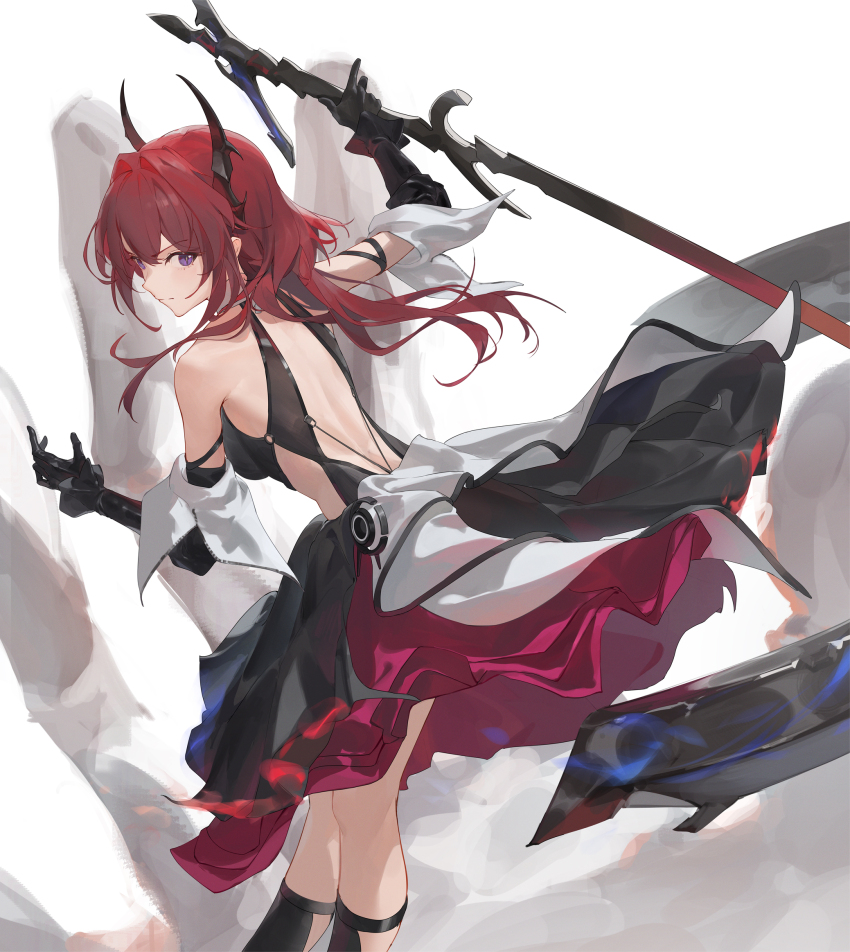 1girl arknights backless_dress backless_outfit breasts commentary dress giant_hand highres holding holding_sword holding_weapon laevatein_(arknights) leaning_forward long_hair looking_at_viewer looking_back median_furrow medium_breasts newnand purple_eyes red_hair solo standing surtr_(arknights) sword weapon