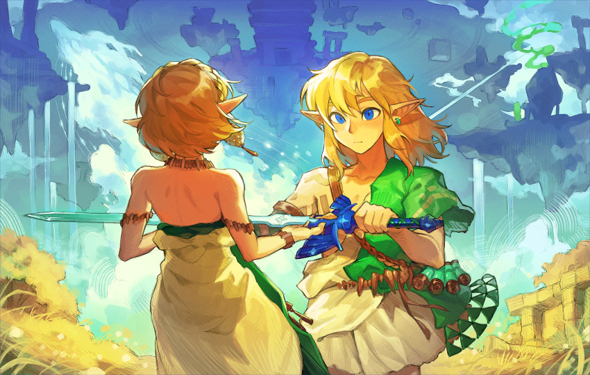 1boy 1girl 9twoeight absurdres archaic_set_(zelda) blonde_hair blue_eyes dress earrings floating_island gloves grass green_tunic highres jewelry link making-of_available master_sword nintendo pointy_ears princess_zelda ruins short_hair sword the_legend_of_zelda the_legend_of_zelda:_tears_of_the_kingdom triforce triforce_print tunic water waterfall weapon