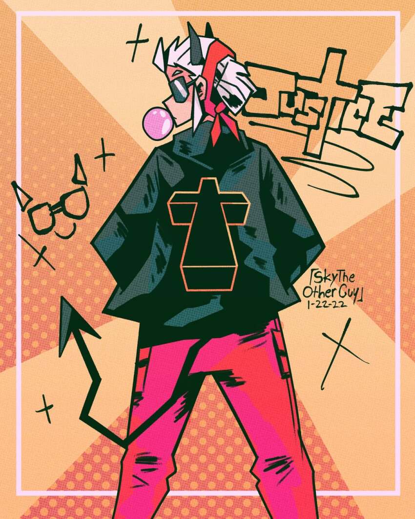 bubble chewing_gum demon_girl helltaker highres horns jacket justice_(band) justice_(helltaker) looking_at_viewer looking_back pants red_pants sky_hawkins sunglasses tail tomboy white_hair