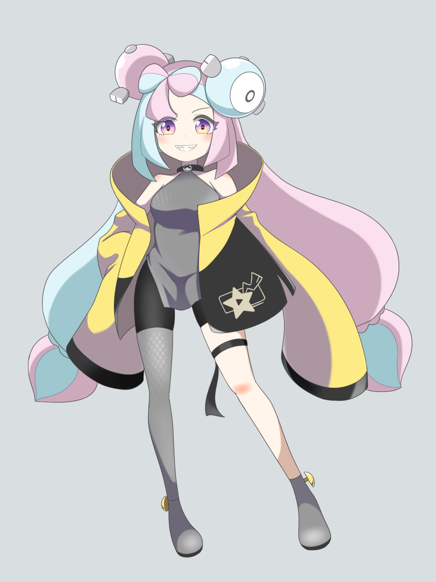 absurdres boots bow-shaped_hair character_hair_ornament fake_hair_bun grey_boots grey_pantyhose hair_ornament hexagon_print highres iono_(pokemon) jacket multicolored_hair nana_(eyzy2454) nintendo oversized_clothes pantyhose pokemon pokemon_sv sharp_teeth single_leg_pantyhose sleeves_past_fingers sleeves_past_wrists split-color_hair teeth two-tone_hair very_long_sleeves x yellow_jacket