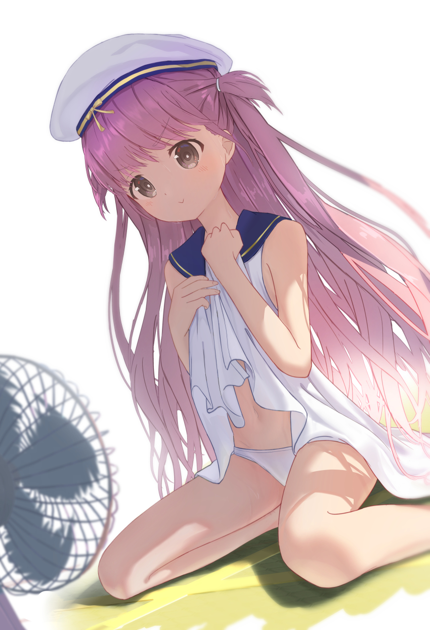 1girl :&gt; absurdres bare_legs bare_shoulders blue_sailor_collar blurry bright_pupils closed_mouth clothes_lift commentary_request depth_of_field dress dress_lift dutch_angle electric_fan foot_out_of_frame grey_eyes hair_between_eyes hands_up hat highres hot katou_umi lifting_own_clothes long_hair looking_at_object motion_lines navel panties pink_hair sailor_collar sailor_dress sailor_hat simple_background sitting sleeveless sleeveless_dress smile smug solo straight_hair summer_pockets sweat tareme traum two_side_up underwear v-shaped_eyebrows very_long_hair white_background white_dress white_hat white_panties white_pupils yokozuwari