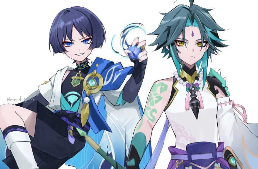 2boys absurdres ahoge anemo_symbol_(genshin_impact) arm_tattoo armor bead_necklace beads belt black_belt black_bodysuit black_bow black_bridal_gauntlets black_leggings black_shorts blue_gemstone blue_kimono blue_sleeves blunt_ends bodysuit bow bridal_gauntlets closed_mouth curled_fingers detached_sleeves expressionless eyeliner eyeshadow feathers forehead_jewel furrowed_brow gem genshin_impact glowing_markings gold gold_trim green_hair hair_intakes han&#039;eri hand_up highres holding holding_polearm holding_weapon japanese_armor japanese_clothes jewelry kimono kote kurokote layered_kimono layered_sleeves leg_warmers leggings looking_at_viewer makeup mandarin_collar mnd_ynd multiple_boys neck_ring neck_tassel necklace open_clothes open_kimono open_mouth parted_bangs polearm pom_pom_(clothes) primordial_jade_winged-spear_(genshin_impact) purple_eyes purple_gemstone purple_hair purple_rope purple_sash red_eyeliner red_eyeshadow rope sash scaramouche_(genshin_impact) shirt short_sleeves shorts shoulder_peek shoulder_spikes sidelocks single_sleeve smirk spiked_hair spiked_necklace spikes tassel tattoo tsurime twitter_username v-shaped_eyebrows vambraces vision_(genshin_impact) wanderer_(genshin_impact) weapon white_background white_kimono white_leg_warmers white_mouth white_shirt white_sleeves wind xiao_(genshin_impact) yellow_eyes yellow_feathers