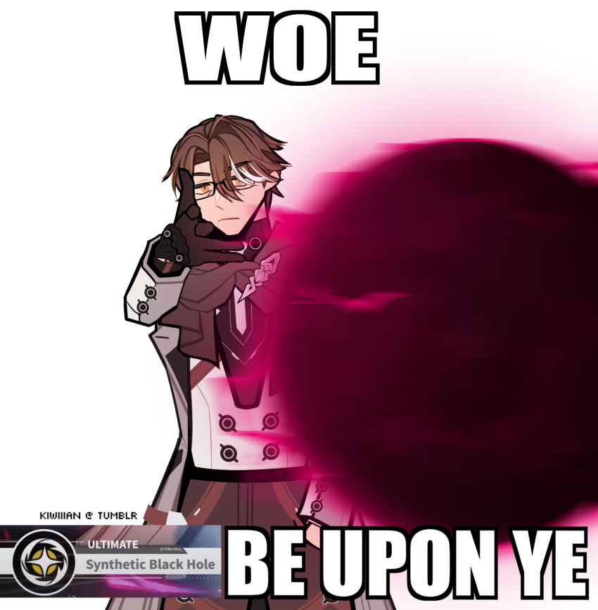 1boy black_gloves black_pants brown_eyes brown_hair brown_scarf coat cowboy_shot woe_plague_be_upon_ye_(meme) gloves grey_coat highres honkai:_star_rail honkai_(series) impact_(font) kiwiiian looking_at_viewer male_focus meme multicolored_hair pants scarf simple_background solo streaked_hair welt_yang white_background white_hair
