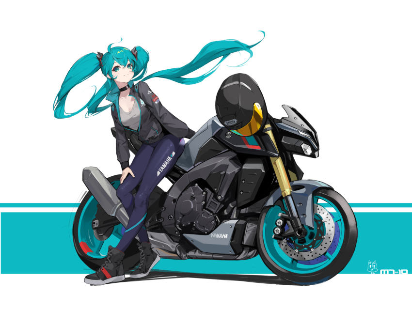1girl absurdres aqua_background aqua_eyes aqua_hair black_boots blue_pants boots choker closed_mouth grey_jacket grey_shirt hand_on_own_leg hatsune_miku helmet highres jacket leaning_against_motorcycle leather leather_pants light_blush long_hair long_sleeves looking_at_viewer motor_vehicle motorcycle motorcycle_helmet pants partially_unzipped print_jacket print_pants shiba_inuza shirt shoei simple_background solo two-tone_background unworn_headwear vehicle_focus vocaloid white_background wind yamaha yamaha_mt-10