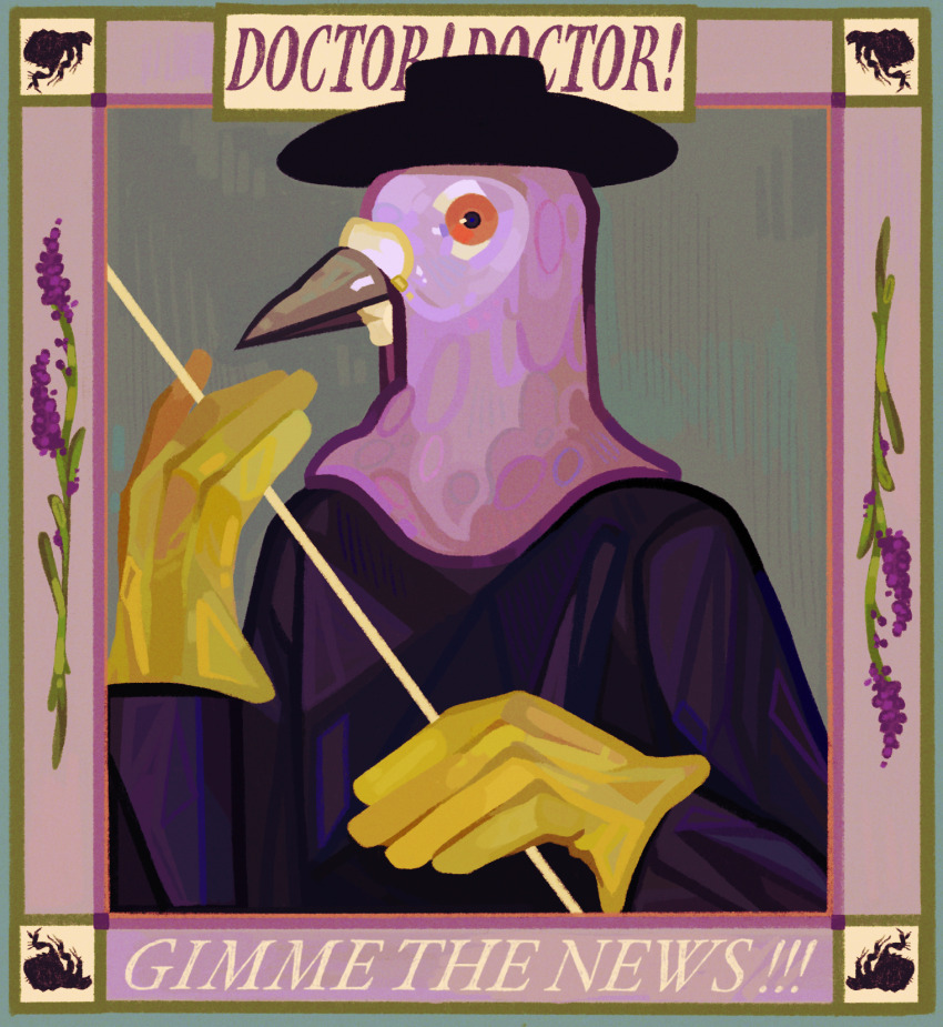 1other animal_costume animal_hood bird bird_costume bird_hood black_hat border bug closed_mouth coat commentary english_commentary english_text film_grain flea_(animal) flower gloves green_border grey_background hat hatching_(texture) highres hood horror_(theme) inset_border lavender_(flower) leaf long_sleeves looking_at_viewer mask orange_eyes original parasite pigeon pink_border plague_doctor profile purple_coat purple_flower quezify solo yellow_gloves