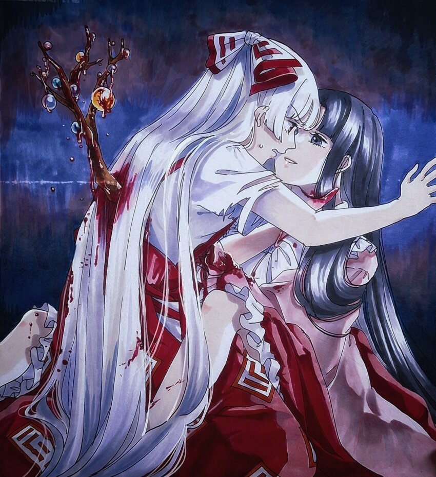 2girls between_legs black_eyes black_hair bleeding blood blood_in_hair blood_on_hands bow bowtie branch commentary_request eye_contact feet_out_of_frame frilled_shirt_collar frilled_skirt frilled_sleeves frills fujiwara_no_mokou hair_bow highres houraisan_kaguya impaled jeweled_branch_of_hourai kneeling long_hair long_sleeves looking_at_another mokoiscat multiple_girls ofuda ofuda_on_clothes open_mouth pants pink_shirt red_pants red_skirt shirt short_sleeves sitting skirt small_sweatdrop strangling suspenders torn_clothes torn_sleeves touhou two-tone_bow very_long_hair white_bow white_bowtie white_hair white_shirt wide_sleeves yuri