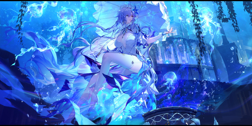 1girl absurdres blue_eyes blue_flower blue_theme blue_umbrella breasts building cantarella_(wuthering_waves) chinese_commentary commentary_request dress earrings flower full_body hair_flower hair_ornament hand_up high_heels highres holding holding_umbrella jellyfish jewelry large_breasts long_hair looking_up parasol parted_lips purple_hair shoes single_thighhigh smile solo swd3e2 thighhighs thighs umbrella very_long_hair white_dress white_shoes white_thighhighs wuthering_waves