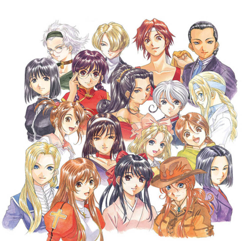 1other 6+girls :d androgynous bare_shoulders bead_necklace beads black_eyes black_hair black_jacket black_suit blonde_hair blue_eyes blue_headband blue_jacket blue_necktie braid breast_pocket breasts brown_eyes brown_gloves brown_hair buttons child china_dress chinese_clothes choker closed_mouth coat collar collarbone collared_coat collared_shirt coquelicot_(sakura_taisen) cowboy_western crack cracked_glass cropped_torso cross cross_necklace dark-skinned_female dark_skin detached_sleeves diana_caprice dress earrings erica_fontaine everyone formal_clothes freckles frilled_collar frills gemini_sunrise glass gloves glycine_bleumer gold_necklace green_coat green_eyes green_poncho grey_eyes grey_hair group_picture hair_between_eyes hair_bobbles hair_ornament hair_over_one_eye hair_ribbon hair_tie hairband hakama half_updo happy head_only head_tilt headband holding holding_jacket holding_unworn_clothes iris_chateaubriand jacket japanese_clothes jewelry juliet_sleeves kanzaki_sumire kimono kirishima_kanna kitaooji_hanabi kujou_subaru lab_coat light lobelia_carlini lock long_hair long_sleeves looking_at_viewer low-tied_long_hair mandarin_collar maria_tachibana matsubara_hidenori medium_breasts multiple_girls neck_ribbon necklace necktie nose off_shoulder official_art open_mouth orange_jacket padlock padlocked_collar parted_bangs parted_lips pink_background pink_kimono pink_sailor_collar pink_sleeves pinstripe_pattern pinstripe_suit pocket ponytail puffy_sleeves purple_eyes purple_hair purple_kimono purple_suit red_choker red_collar red_dress red_hair red_hakama red_ribbon red_sleeves red_tank_top reni_milchstrasse ri_kouran ribbon ribbon-trimmed_collar ribbon_trim rikaritta_aries round_eyewear sagitta_weinberg sailor_collar sakura_taisen sakura_taisen_ii sakura_taisen_iii sakura_taisen_v sash sega shinguuji_sakura shirt short_hair short_sleeves short_twintails sidelocks simple_background single_braid single_earring smile soletta_orihime straight_hair striped_collar suit tank_top third-party_source trench_coat turtleneck twintails unworn_jacket wavy_hair weapon white_background white_coat white_collar white_hair white_hairband white_headband white_shirt wide_sleeves yellow_dress yellow_sleeves