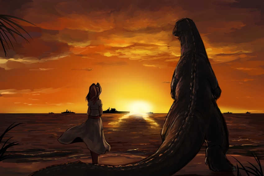 1girl aircraft_carrier beach bikini_atoll brown_hair crossover dinosaur dress explosion godzilla godzilla_(series) godzilla_vs._king_ghidorah godzillasaurus high_side_ponytail highres historical_name_connection island kantai_collection kyoryu long_hair marshall_islands military military_vehicle mizuchi_(mizuchi7118) name_connection nuclear_explosion object_namesake ocean palm_tree personification ponytail saratoga_(kancolle) ship side_ponytail smokestack_hair_ornament standing toho tree uss_saratoga_(cv-3) vehicle_and_personification warship watercraft white_dress