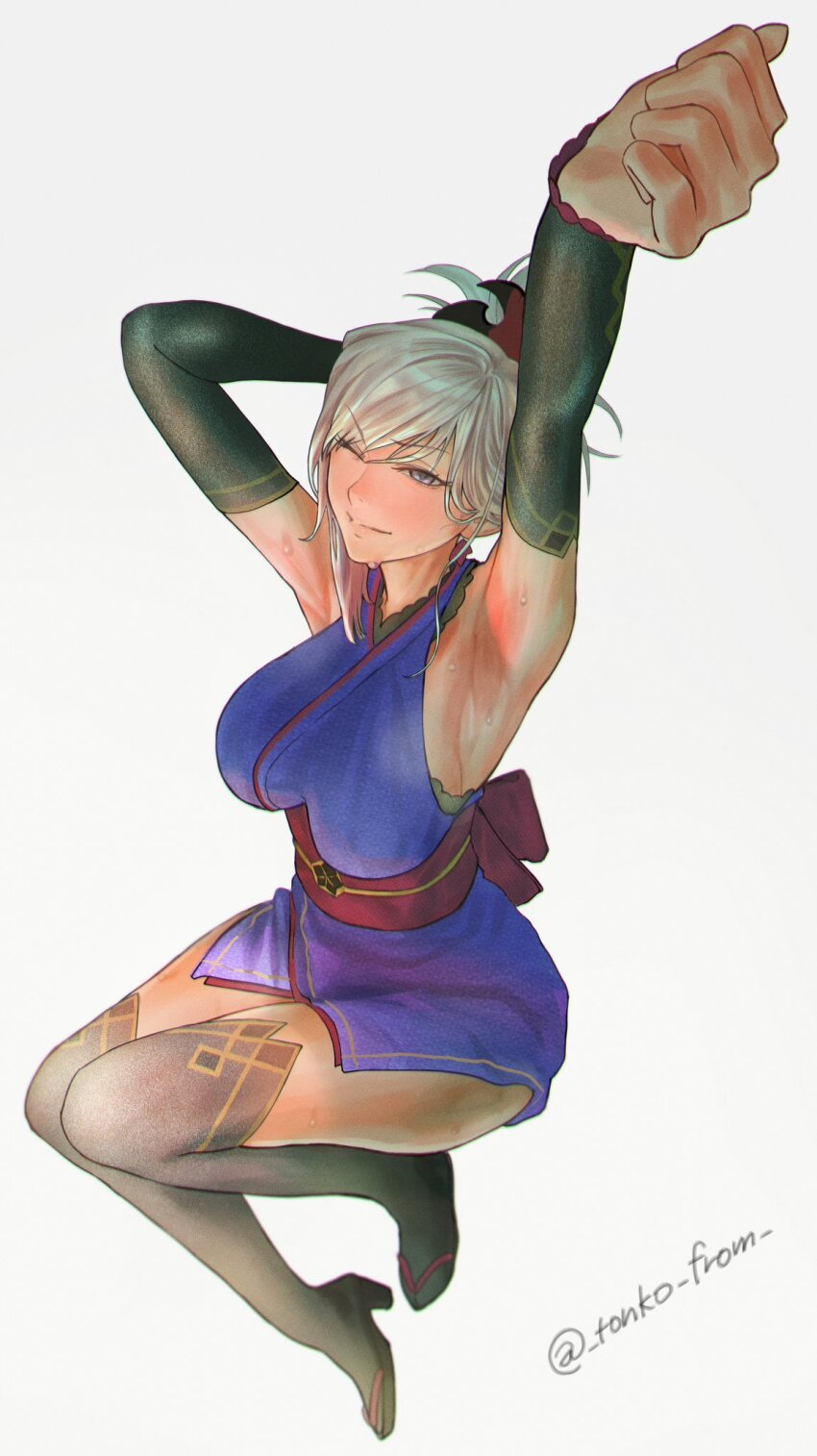 1girl arm_behind_head arm_up armpits black_boots black_sleeves boots breasts closed_mouth commentary_request detached_sleeves fate/grand_order fate_(series) full_body high_heel_boots high_heels highres invisible_chair large_breasts medium_hair miyamoto_musashi_(fate) one_eye_closed purple_eyes simple_background sitting smile solo stretching sweat tonko_from white_background white_hair