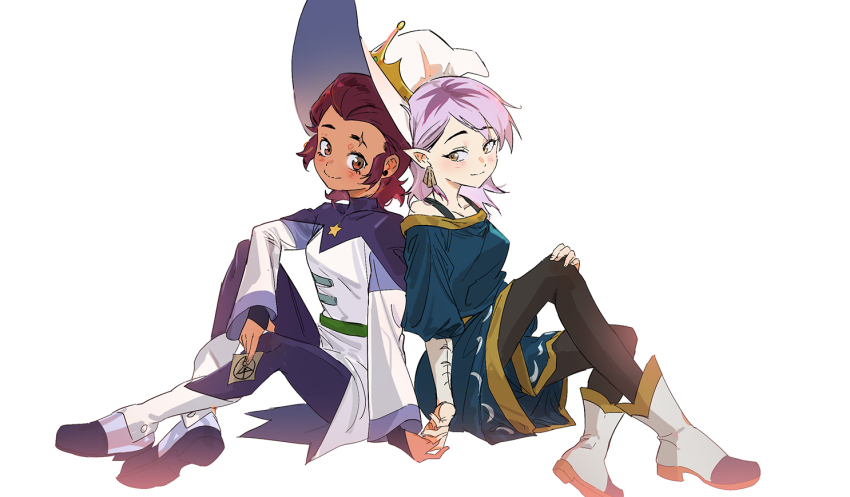 2girls amity_blight boots brown_eyes brown_hair couple dark-skinned_female dark_skin eyebrow_cut glyph hair_slicked_back hat holding_hands kuma20151225 luz_noceda multiple_girls pantyhose pointy_ears purple_hair scar sitting smile the_owl_house witch_hat yellow_eyes yuri