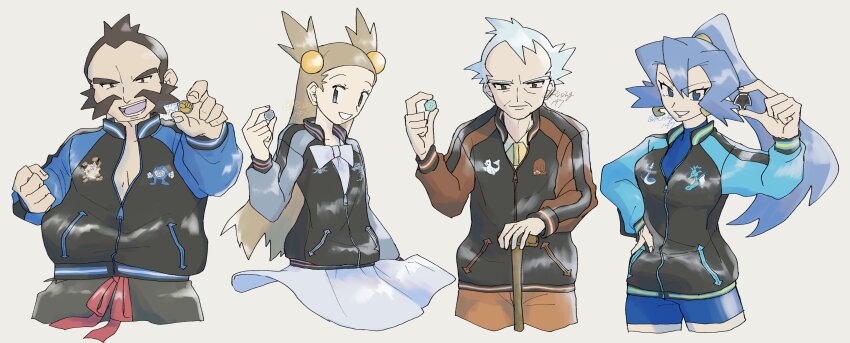 2boys 2girls absurdres alternate_costume badge blue_hair brown_hair cane chuck_(pokemon) clair_(pokemon) closed_mouth dress earrings facial_hair glacier_badge grin gym_leader_badge hair_bobbles hair_ornament hand_on_own_hip hand_up highres holding holding_cane jacket jasmine_(pokemon) jewelry long_hair long_sleeves mineral_badge multiple_boys multiple_girls nintendo pokemon pokemon_hgss ponytail pryce_(pokemon) rising147 rising_badge smile storm_badge teeth two_side_up zipper_pull_tab