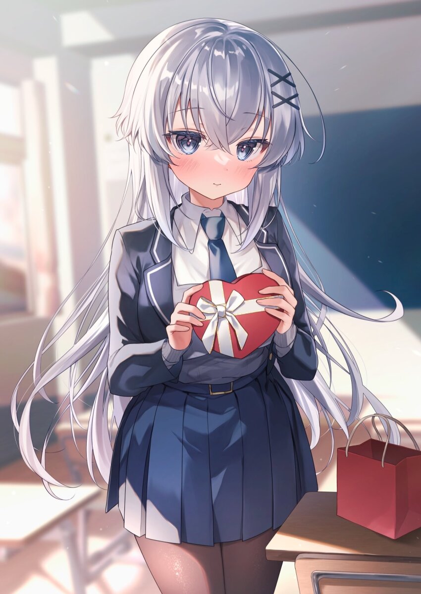 1girl bag belt black_jacket black_pantyhose blazer blue_eyes blue_necktie blue_skirt blush box chair chalkboard classroom closed_mouth collared_shirt crossed_bangs day desk gift gift_box grey_hair gyozanuko hair_between_eyes hair_ornament heart-shaped_box highres holding holding_box indoors jacket long_hair long_sleeves looking_at_viewer miniskirt necktie nose_blush open_clothes open_jacket original pantyhose pleated_skirt school_chair school_desk shirt skirt smile solo straight_hair valentine white_shirt x_hair_ornament
