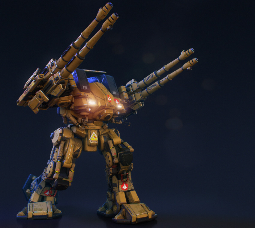 3d aiming arm_cannon battletech cannon choujikuu_yousai_macross commentary damaged defender_(macross) destroid english_commentary highres lights machinery macross mecha muzzle no_humans non-humanoid_robot original radar realistic redesign rickstefani rifleman_(battletech) robot robotech roundel science_fiction sign solo u.n._spacy walker_(robot) warning_sign weapon
