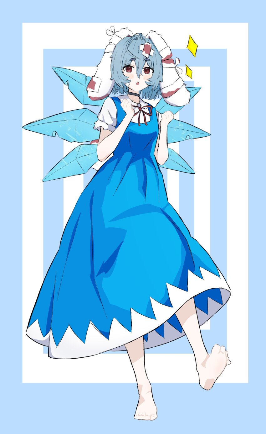 1girl @_@ absurdres ahoge animal_ears barefoot black_choker blue_background blue_dress blue_hair blush_stickers breasts chestnut_mouth choker cirno cirno_(cosplay) collared_shirt cosplay double-parted_bangs dress hair_between_eyes highres hikimayu ice ice_wings indie_virtual_youtuber lop_rabbit_ears noiriririri para_(vtuber) pinafore_dress rabbit_ears rabbit_girl red_eyes red_ribbon ribbon shirt short_hair sleeveless sleeveless_dress small_breasts sparkle virtual_youtuber white_shirt wings