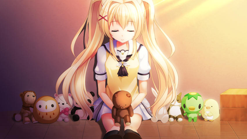1girl ascot black_ascot black_socks blonde_hair closed_eyes closed_mouth commentary facing_viewer feet_out_of_frame foreshortening hair_between_eyes hair_intakes hair_ornament holding holding_stuffed_toy indoors kneehighs long_hair miniskirt puffy_short_sleeves puffy_sleeves sailor_collar school_uniform serafuku shoe_soles shootinghaze short_sleeves sidelighting sidelocks sitting skirt smile socks solo straight-on stuffed_animal stuffed_bird stuffed_cat stuffed_kappa stuffed_lion stuffed_owl stuffed_panda stuffed_rabbit stuffed_toy summer_pockets summer_pockets_school_uniform sweater_vest teddy_bear tile_floor tiles tsumugi_wenders twintails very_long_hair white_sailor_collar white_serafuku white_skirt x_hair_ornament yellow_sweater_vest