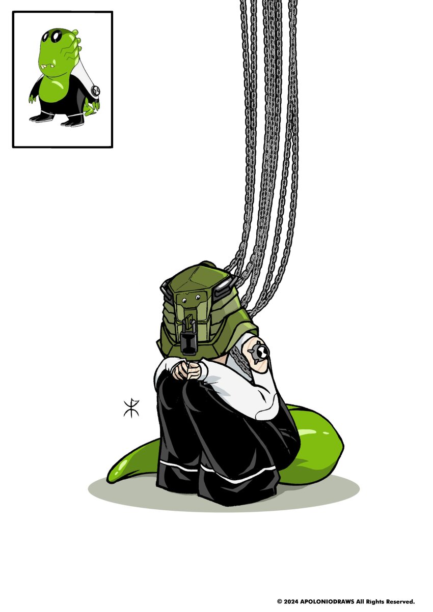 absurdres alien apoloniodraws baggy_pants ben_10 black_pants chain chained genderswap genderswap_(mtf) green_tail highres lock masked omnitrix pants shirt sitting upchuck white_shirt