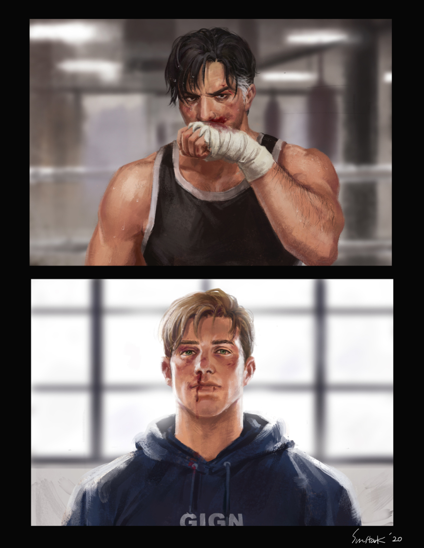 2boys arm_up artist_name bandaged_hand bandages bare_shoulders black_border black_hair black_hoodie black_tank_top blonde_hair blood blood_on_face bloody_bandages blue_eyes blurry blurry_background border boxing brown_eyes bruise bruise_on_face bruised_eye dated doc_(rainbow_six_siege) gign grey_hair gym highres hood hood_down hoodie injury lion_(rainbow_six_siege) looking_ahead male_focus multiple_boys nosebleed parted_bangs punching_bag rainbow_six_siege sideburns sun_stark tank_top upper_body window wiping_face
