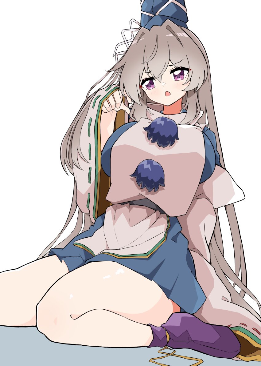 1girl absurdres blue_dress blue_hat blush breasts chestnut_mouth commentary_request detached_sleeves dress foot_out_of_frame grey_hair gurajio hair_between_eyes hair_intakes hat highres japanese_clothes kariginu large_breasts long_hair looking_at_viewer mononobe_no_futo open_mouth pom_pom_(clothes) purple_eyes purple_socks ribbon-trimmed_sleeves ribbon_trim shiny_skin simple_background sitting sleeves_past_wrists socks solo tabard tate_eboshi touhou v-shaped_eyebrows very_long_hair white_background white_tabard wide_sleeves