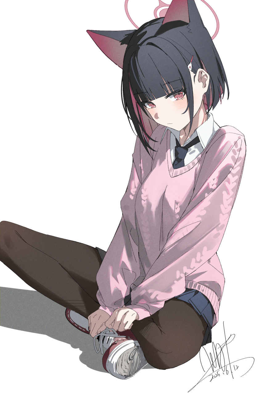 1girl absurdres alternate_costume animal_ears black_necktie black_pantyhose blue_archive blue_skirt blunt_ends blush cat_ears cat_girl closed_mouth colored_inner_animal_ears colored_inner_hair extra_ears hair_ornament hairclip highres indian_style kazusa_(blue_archive) looking_at_viewer multicolored_hair necktie on_ground pantyhose pink_sweater qtian red_shoes shirt shoes short_hair sidelocks sitting skirt solo sweater two-tone_hair white_shirt