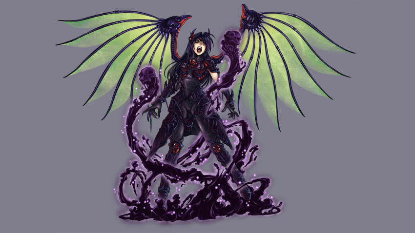 1girl armor attack aura bone breasts claws eyepatch female_focus ghost gloves groin headgear highres lipstick long_hair makeup marci_miller open_mouth purple_hair rose_(dragoon) skull solo soul spandex teeth the_legend_of_dragoon tongue wings