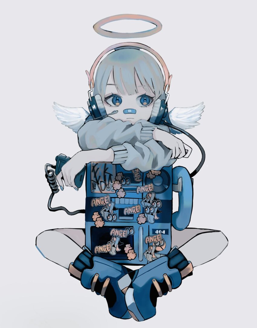 1other 404 androgynous angel bandaid bandaid_on_face bandaid_on_nose blue_eyes blue_nails blue_theme cable cassette_player closed_mouth coiled_cord commentary english_text feathered_wings full_body halo head_rest headphones headset highres holding http_status_code leaning_on_object long_sleeves medium_hair microphone microwave mini_wings original phone profanity shoes simple_background sitting solo sticker urokogaran white_background white_wings wings