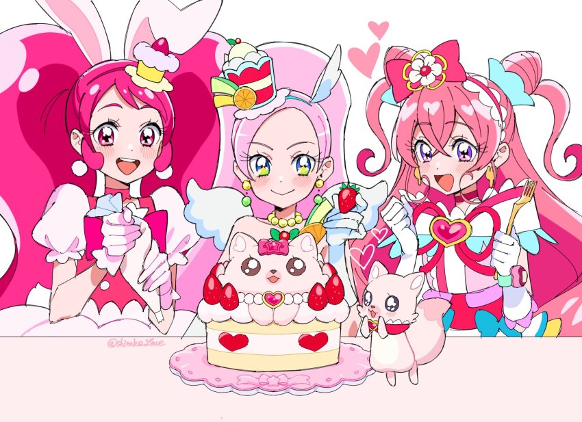 3girls :d animal_ears blue_eyes bow bracelet character_cake crossover cure_parfait cure_precious cure_whip delicious_party_precure double_bun dress earrings elbow_gloves extra_ears food fruit gloves green_eyes hair_bow hair_bun hairband high_ponytail highres holding jewelry kirahoshi_ciel kirakira_precure_a_la_mode kome-kome long_hair magical_girl mascot multiple_girls nagomi_yui off-shoulder_dress off_shoulder open_mouth pink_dress pink_eyes pink_hair ponytail precure puffy_short_sleeves puffy_sleeves purple_eyes rabbit_ears shirako_love short_sleeves sidelocks simple_background smile strawberry teeth twintails two_side_up upper_teeth_only usami_ichika very_long_hair white_background white_gloves