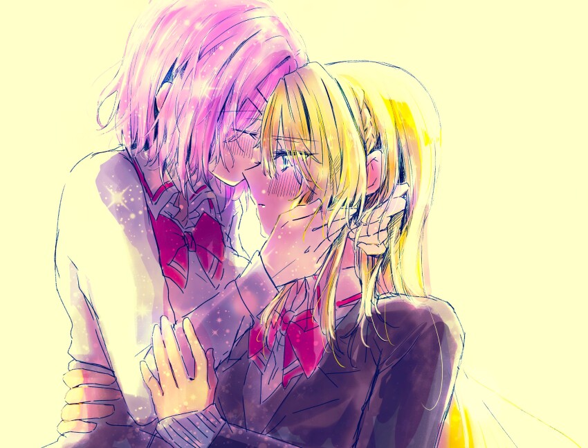 2girls absurdres amaori_renako ao_(aymr6215) black_jacket blonde_hair blue_eyes bow bowtie closed_eyes commentary_request grey_sweater hair_ornament hairclip highres jacket long_hair multiple_girls ouzuka_mai parallel_hairclips pink_hair red_bow red_bowtie shirt short_hair sweater upper_body watashi_ga_koibito_ni_nareru_wake_naijan_murimuri! white_shirt yuri