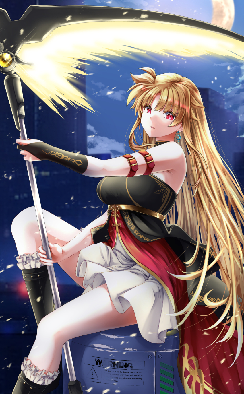 1girl adapted_costume arm_strap bardiche_(nanoha) bardiche_(scythe_form)_(nanoha) bare_shoulders black_dress black_gloves black_socks blonde_hair breasts bridal_gauntlets cityscape commentary_request crescent crescent_earrings crescent_moon dress earrings fate_testarossa feet_out_of_frame frilled_socks frills gloves highres holding holding_staff jewelry kneeling large_breasts long_hair looking_at_viewer lyrical_nanoha mage_staff mahou_shoujo_lyrical_nanoha moon multicolored_dress night night_sky outdoors paid_reward_available parted_bangs parted_lips red_dress red_eyes scythe sitting sky socks solo sougetsu_izuki staff star_(sky) starry_sky strapless strapless_dress thighs very_long_hair white_dress
