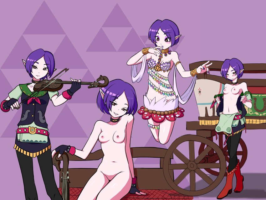 1girl absurdres black_choker black_gloves black_pants blush bow_(music) breasts cart choker commentary cosplay english_commentary foolintisimo gloves great_fairy_(zelda) great_fairy_(zelda)_(cosplay) highres holding holding_bow_(music) holding_instrument holding_violin instrument jewelry looking_at_viewer multiple_views music navel nintendo nipples nude pants parted_lips playing_instrument pointy_ears purple_background purple_hair red_footwear revealing_clothes shirt short_hair sitting small_breasts the_legend_of_zelda the_legend_of_zelda:_tears_of_the_kingdom topless_female triforce undressing violin violynne