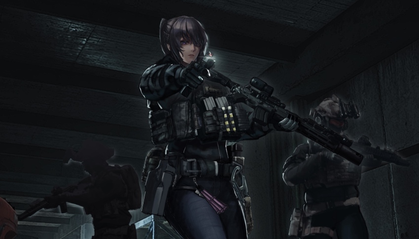 1girl 2others aiming aiming_at_viewer assault_rifle balaclava brown_hair combat_helmet denim eotech g&amp;k-cmdr gloves gun handgun helmet highres holding holding_gun holding_weapon jeans load_bearing_vest looking_at_viewer military_combat_uniform military_uniform multiple_others original pants purple_eyes rifle sig_mcx weapon